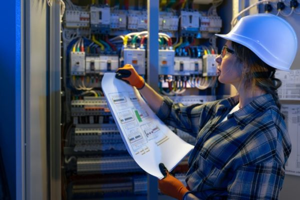A woman electrician in hardhat and gloves holds a printed schematic in front of power modules and wiring. Cool blue industry 4.0 lighting signals precision, safety culture, and reliable operations.